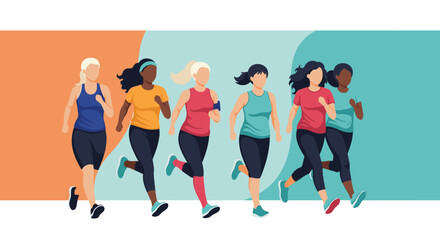 Obraz premium Group of diverse women running together in a stylized illustration.