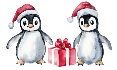Two adorable penguins wearing Santa hats standing beside a wrapped gift with a red bow for a festive holiday scene