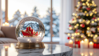 Christmas snow globe with sleigh and presents, tree and candles in background.