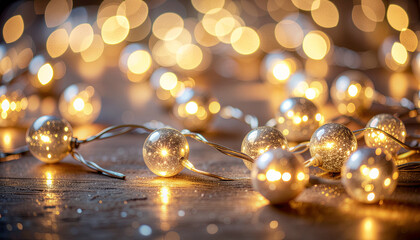 String of illuminated spherical lights on a reflective surface.