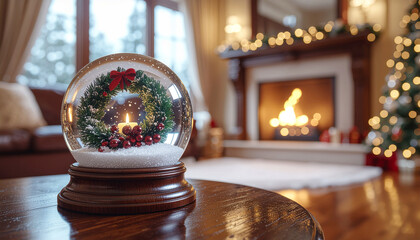Festive snow globe with a wreath, berries, and a candle, set against a cozy fireplace backdrop.