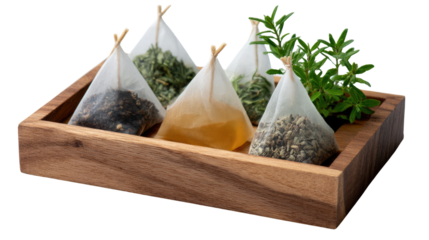Tea Selection: An array of tea bags rests gracefully in a wooden tray, each containing a unique blend, next to fresh herbs, evoking a sense of tranquility.