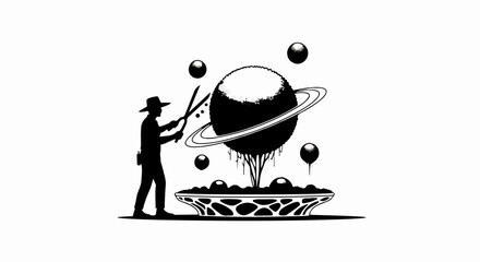 Fototapeta premium Silhouette of a person in a hat tending to a cosmic garden with a ringed planet and bubbles