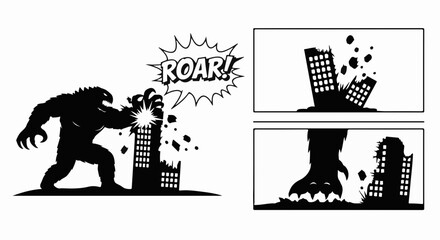 Giant monster silhouette destroying city buildings with a mighty roar, depicted in comic book style panels.