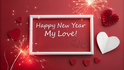 Happy New Year My Love - Romantic Red Flat Lay with Sparklers and Hearts