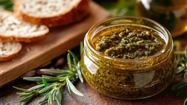 A jar of Italian pesto made with garlic and herbs, resting on a wooden board next to fresh bread.