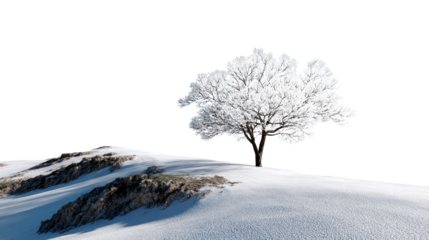 Frozen Serenity: A lone tree stands majestic against a snow-covered landscape, its branches adorned with a delicate coating of frost, conveying tranquility and resilience amidst the winter chill.