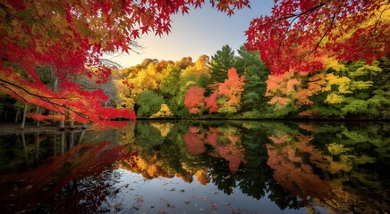 Fototapeta premium Vibrant Autumn Reflections A Serene Pond Mirroring Colorful Fall Foliage