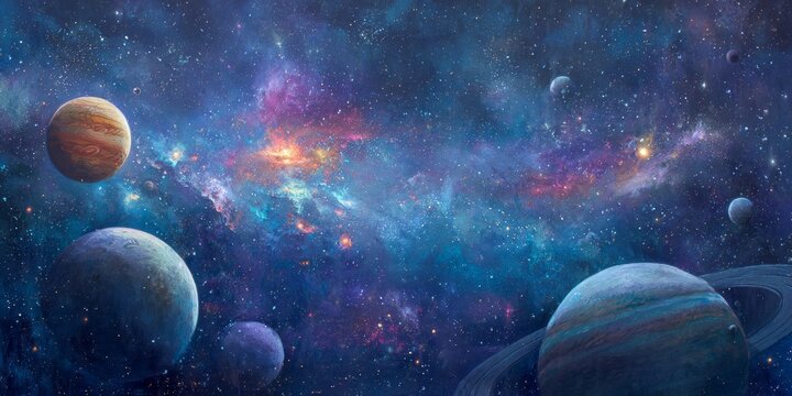 Numerous celestial bodies populate a vibrant, multicolored cosmic expanse filled with glowing nebulae