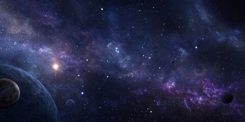 Deep space vista displays distant celestial bodies against a vibrant nebula backdrop