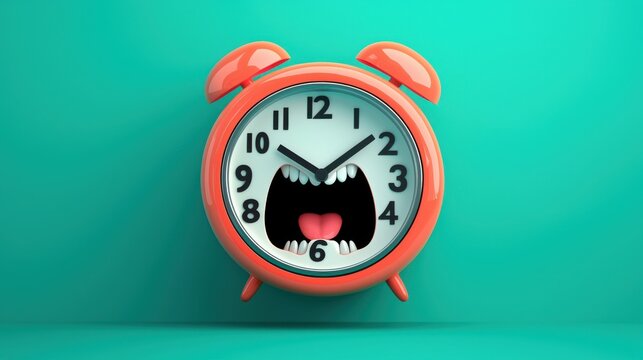 Cartoon alarm clock with a fierce expression and sharp teeth, symbolizing the anxiety of time management in a playful, surreal presentation on a bright background