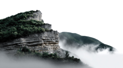 Elevated Mountain Vista: A majestic mountain peak, shrouded in ethereal mist, ascends into the sky, revealing its rugged rock face and verdant growth.