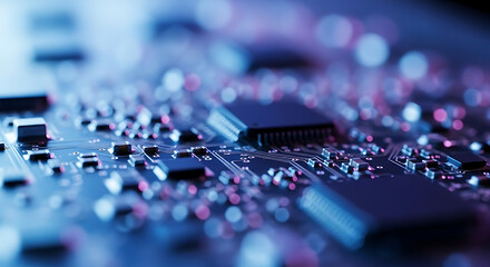 Close up of a futuristic blue and purple illuminated computer circuit board with microchips