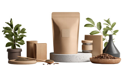 Eco-friendly product packaging display: A minimalist scene showcasing environmentally conscious packaging designs. A wooden spoon.