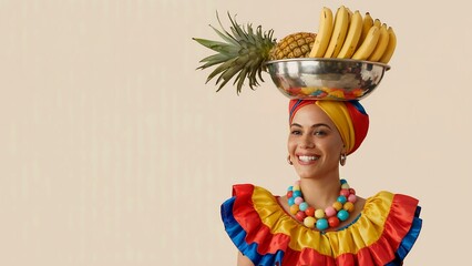 A Cheerful Young Woman Dressed in Bright, Traditional Colombian or Caribbean Attire, Balancing a Metal Bowl Filled with Bananas and a Whole Pineapple on her Head Against a Plain Beige Background