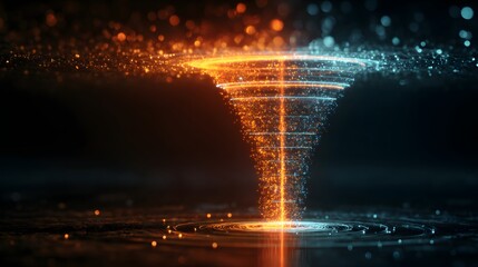 Illuminated particle funnel depicts the dynamic flow of digital energy or data streams