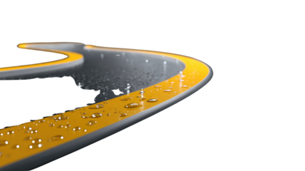 Road Curve: A sleek, modern road curve, its vibrant yellow edge contrasting against the textured grey surface, with glistening water droplets adding a touch of freshness.