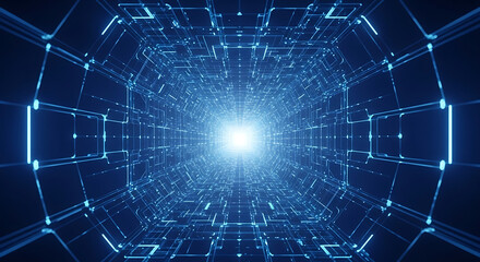 Obraz premium Abstract blue digital tunnel with glowing light at the end