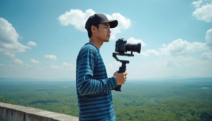Young Asian man holds camera with gimbal stabilizer for smooth footage. Stands on scenic viewpoint overlooking vast green forest landscape. Blue sky, white clouds above. Vlogger filmmaker records