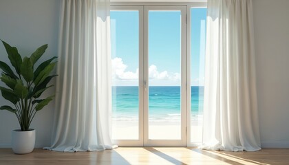 Fototapeta premium View of bright blue ocean waves crashing onto sandy beach through glass doors. White linen curtains frame scene. Green houseplant sits near door. Natural light floods room.