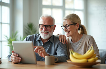 Elderly couple happily watches tablet screen, man points finger. Woman leans on mans shoulder, both smiling warmly. They enjoy digital communication at home, indoors.