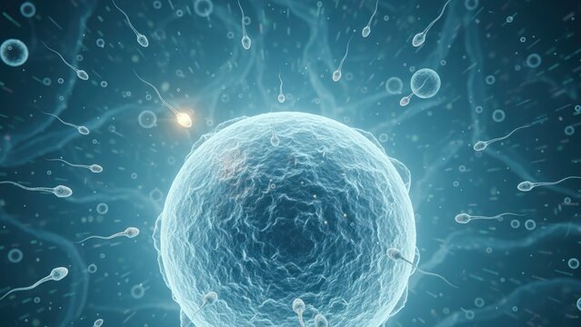 A motile sperm moving toward glowing cell sphere in soft blue microscopic space reproduction concept, pregnancy, gestation, fetus, amniotic life