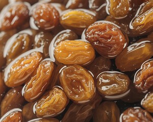 Close-up of soaked raisins glistening in water, highlighting texture and freshness. Ideal for food, nutrition, and ingredient-related visuals.