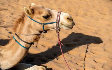 Camel resting on golden desert sand with harness and rope, captured under bright sunlight. Represents desert life, travel, and wildlife themes.