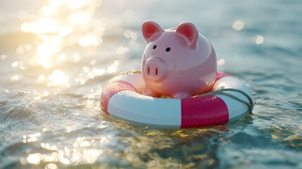 Pink ceramic savings container floats inside a life preserver in sunlit water
