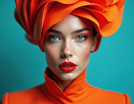 Woman wears striking orange headpiece and clothing. Bright red lips accent her face. Blue eyes look forward. Teal background provides contrast. Bold artistic portrait.