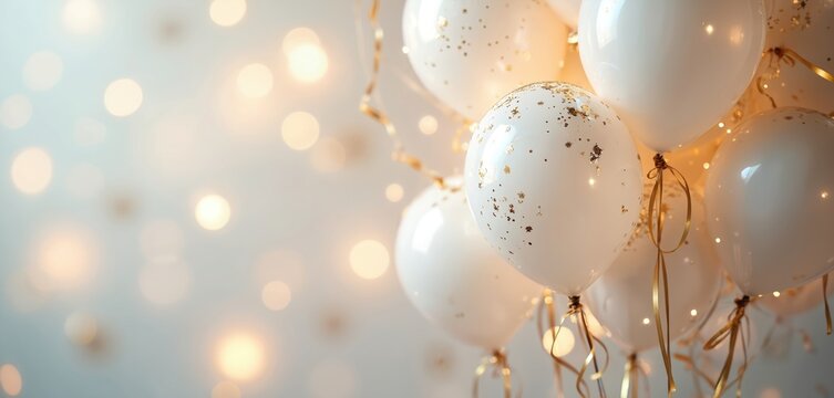 White balloons with gold confetti float gently. Festive bokeh lights create magic. Ideal for celebrations like weddings, birthdays, anniversaries, and corporate events. Copy space.