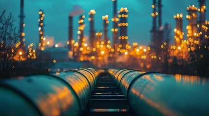 Industrial Landscape: Oil Refinery Pipelines at Night with Bokeh Lights, Energy Infrastructure, and Environmental Concerns