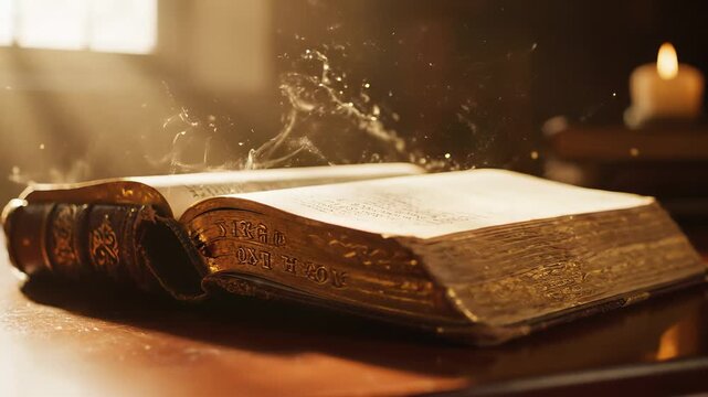 A candlelit book lies open on a table beside a warm, softly glowing flame, evoking the concept of sacred knowledge and contemplation, reminiscent of a quiet moment spent studying scripture or.