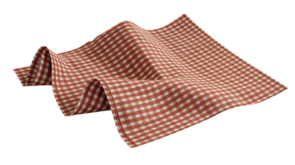 Elegant red and white gingham tablecloth drapes gracefully, perfect for charming picnics, country kitchens, and rustic dining settings.