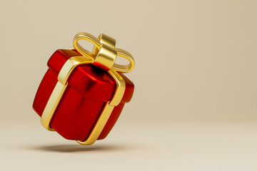 3D red gift box with golden ribbon and soft light
