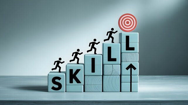 Skill Development Concept with Figures Climbing Blocks to Target Goal