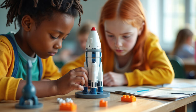 Children build model rocket in STEM class. Young engineers focus on science project, learning about space exploration and future tech. Diverse group works together on educational task.