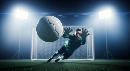 A skilled soccer goalkeeper in mid-air, making a crucial, athletic diving save to stop a fast-approaching ball from entering the net during a competitive game under stadium lights