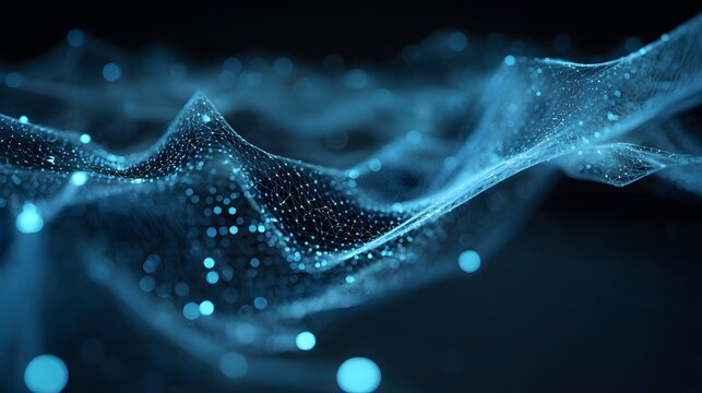 Glowing digital mesh undulates across a dark background with floating light orbs