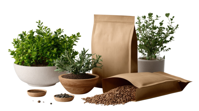 Green plants and paper bags on display: A vibrant collection of verdant plants, presented in various pots, alongside an array of rustic paper bags.