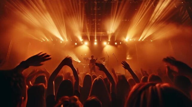 Excited fans raise their hands in the air while enjoying a live music performance. The concert takes place at a lively venue, illuminated by colorful stage lights, creating an electrifying atmosphere