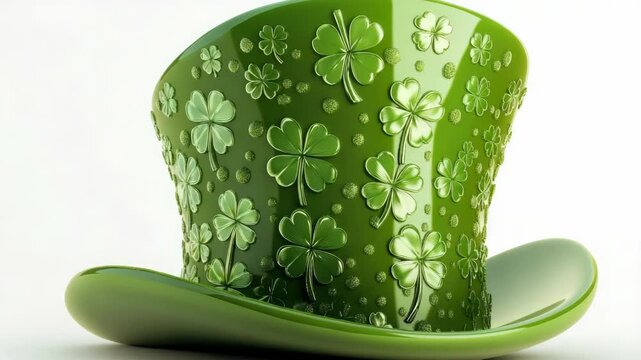 Decorative green shamrock hat with clovers, ideal for St Patrick's Day or other Irish celebrations. Wear it to stand out at a themed party or parade.