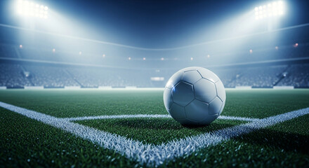 Naklejka premium A gleaming white soccer ball rests on the corner kick mark of a vast, brightly lit stadium field at night, ready for an exciting match to begin under the intense spotlights
