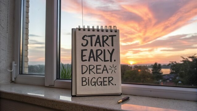 Notebook with motivational quote in front of a sunrise view