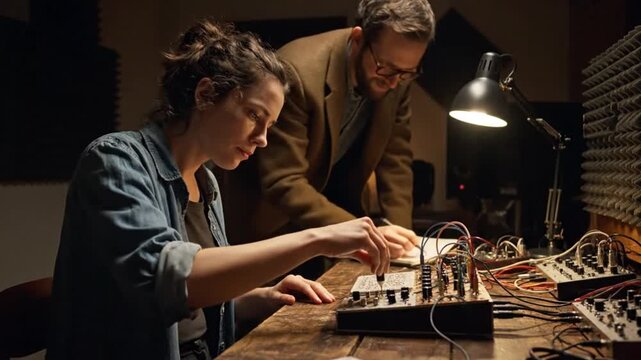 Woman and man work together on a modular synthesizer in a creative sound lab.