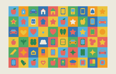 Colorful grid of flat icons representing various objects isolated on white background