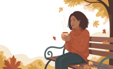 Young woman enjoying a warm drink on a park bench in autumn isolated on white background