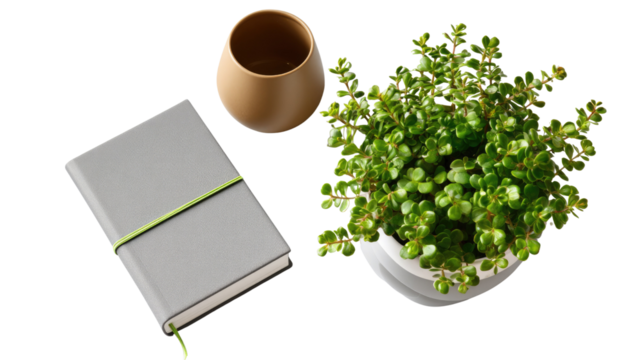 Nature's Composition: A serene arrangement of a lush green plant, a minimalist notebook and a unique ceramic cup. perfect for design, showcasing the tranquility of the nature 