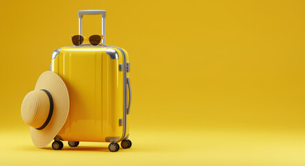 Yellow suitcase with sun hat and sunglasses on vibrant background, symbolizing summer vacation, travel, holiday, and adventure
