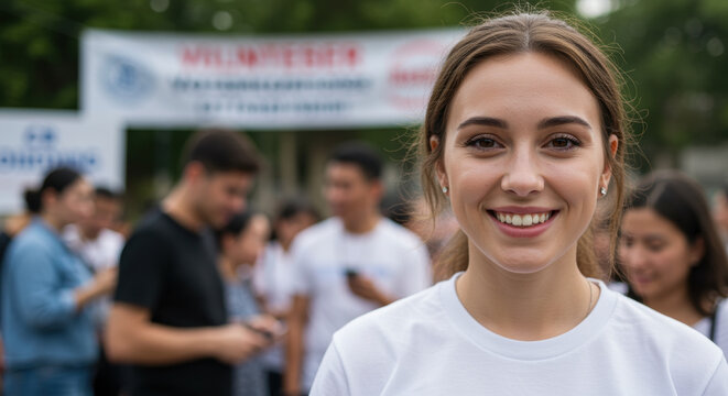 Cheerful young woman volunteering at outdoor community event with diverse group of people in white shirts on a sunny day